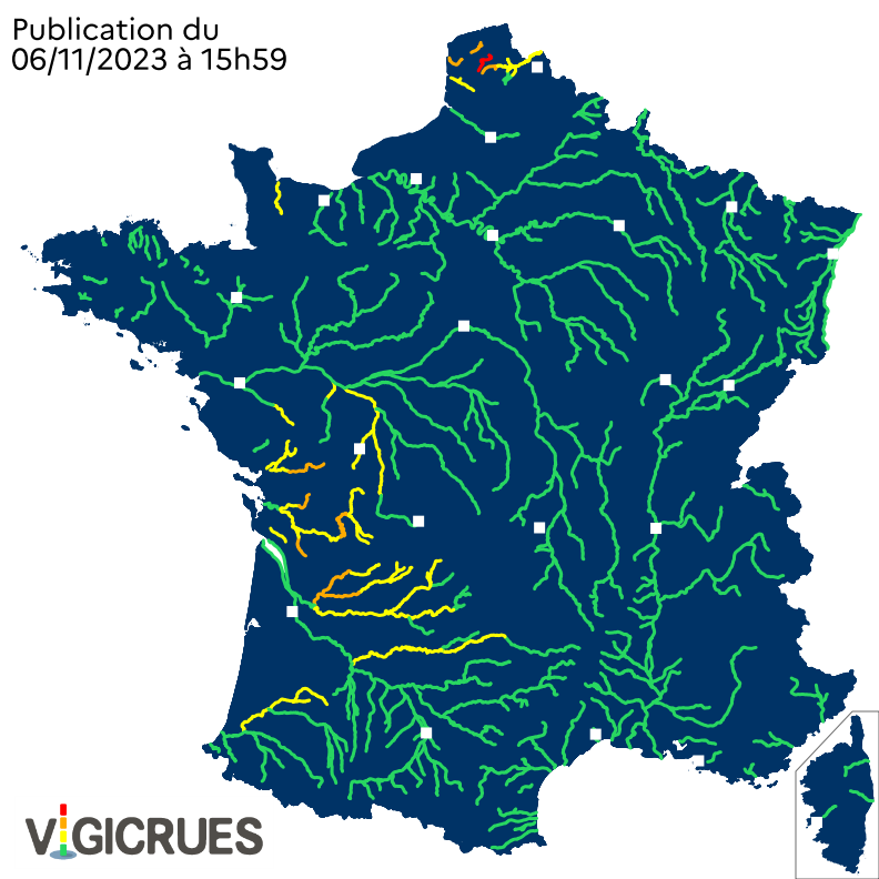 Passage en #VigilanceRouge crues de la #Aa (#PasdeCalais). Maintien de 9 tronçons en #VigilanceOrange crues : #Liane, #Hem, #Lys amont (62), #Charente amont, #Seugne, #Boutonne amont, #Sèvre niortaise amont, #Isle et #Dronne aval. Restez informés sur vigicrues.gouv.fr