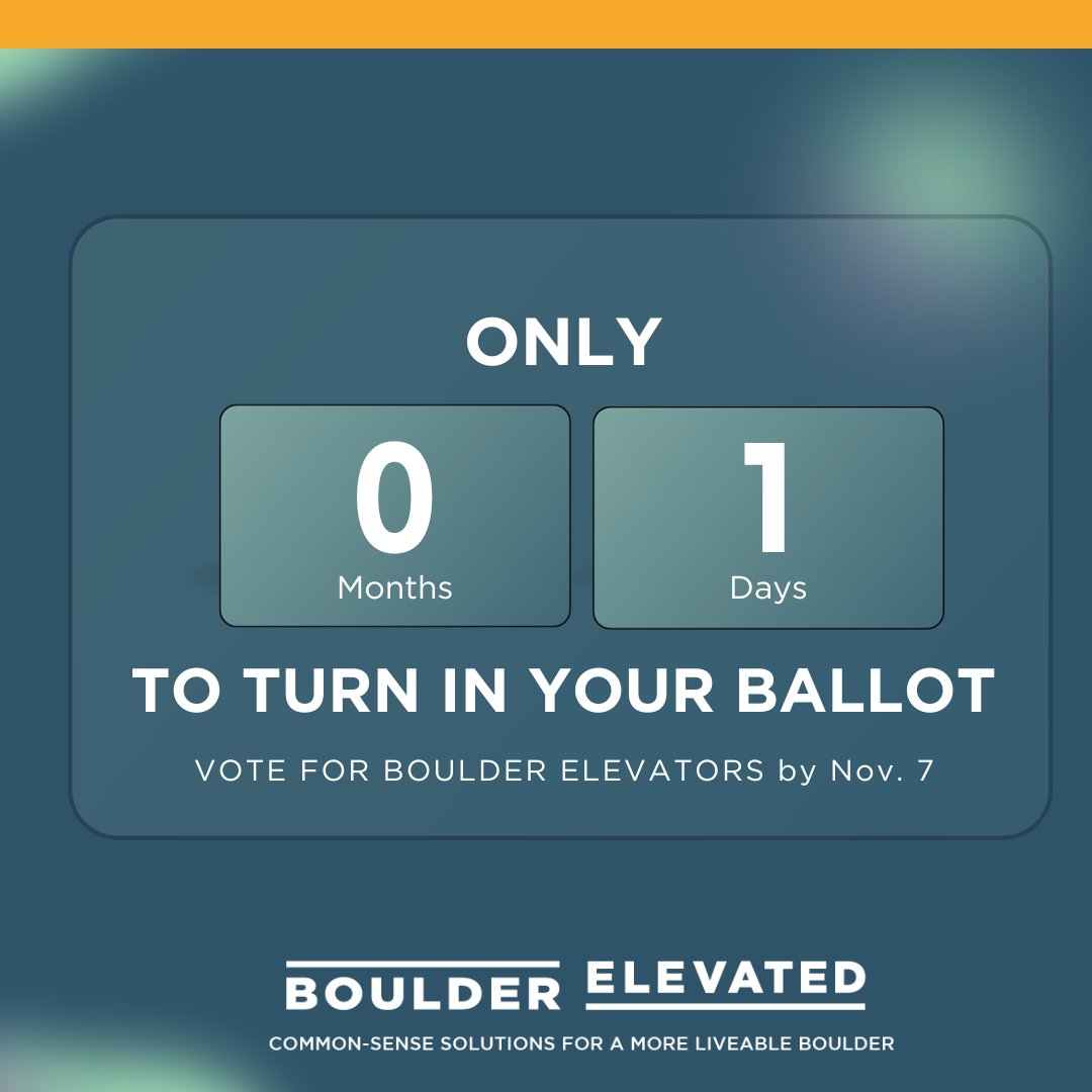 BoCoElevated's tweet photo. Just 1 day left to turn your ballot in! Find a ballot drop center and make sure you vote VOTE FOR BOULDER ELEVATORS by 7pm on Nov. 7. https://t.co/yzuuz5ifxL