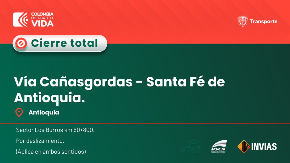 numeral767's tweet photo. ¡Buenos días!

#NovedadVial en el departamento de #Antioquia, se reporta cierre total en el sector Los Burros.#EnDesarrollo

Trabajamos para mantenerte informado. https://t.co/aJLda3a9hB