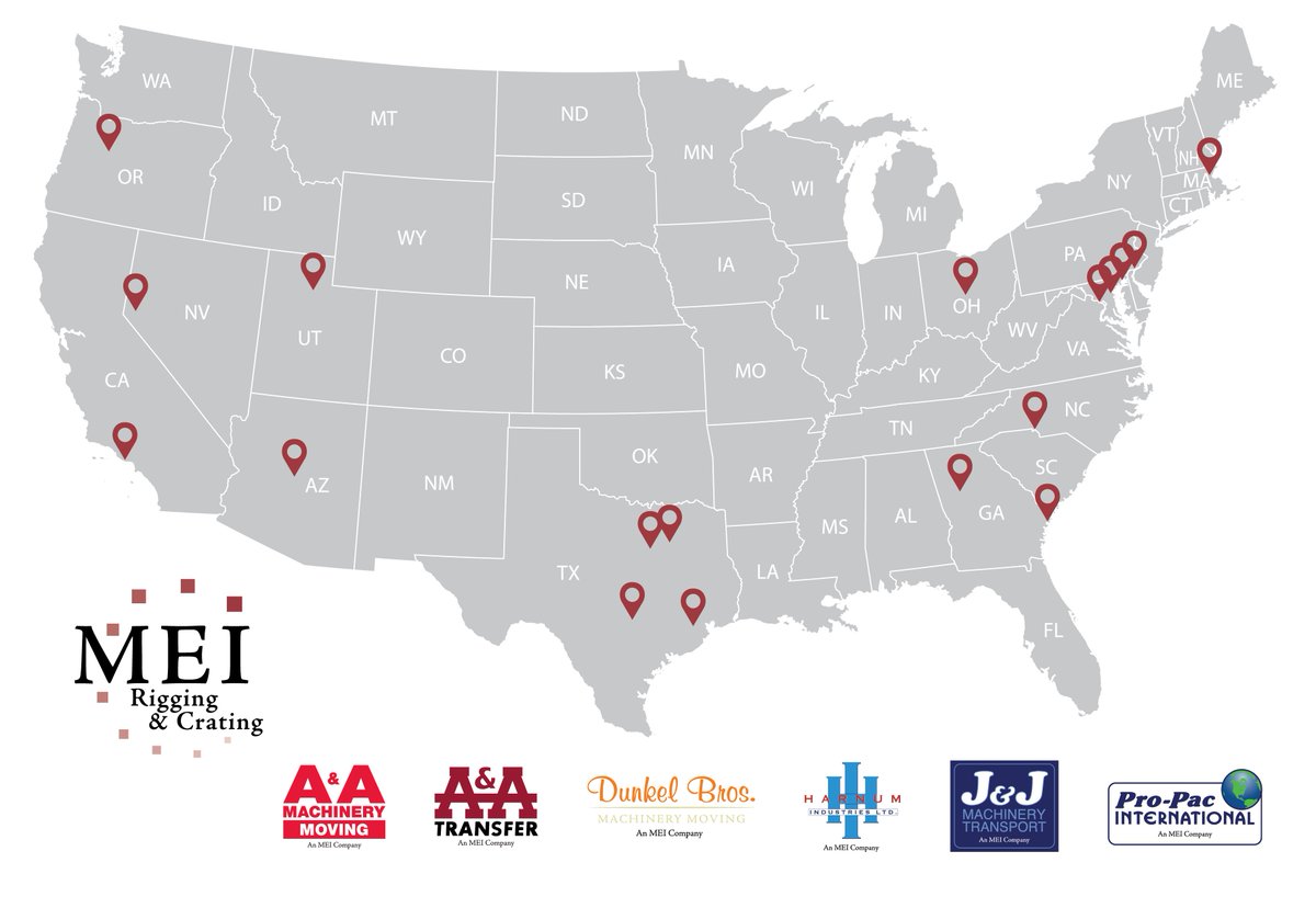 With 18 operating locations across 14 states, we can serve customers with project-specific needs across the country. 
Locations @https://www.meiriggingcrating.com/locations/
#meiriggingcrating #rigging #machinerymoving #crating #industrialstorage