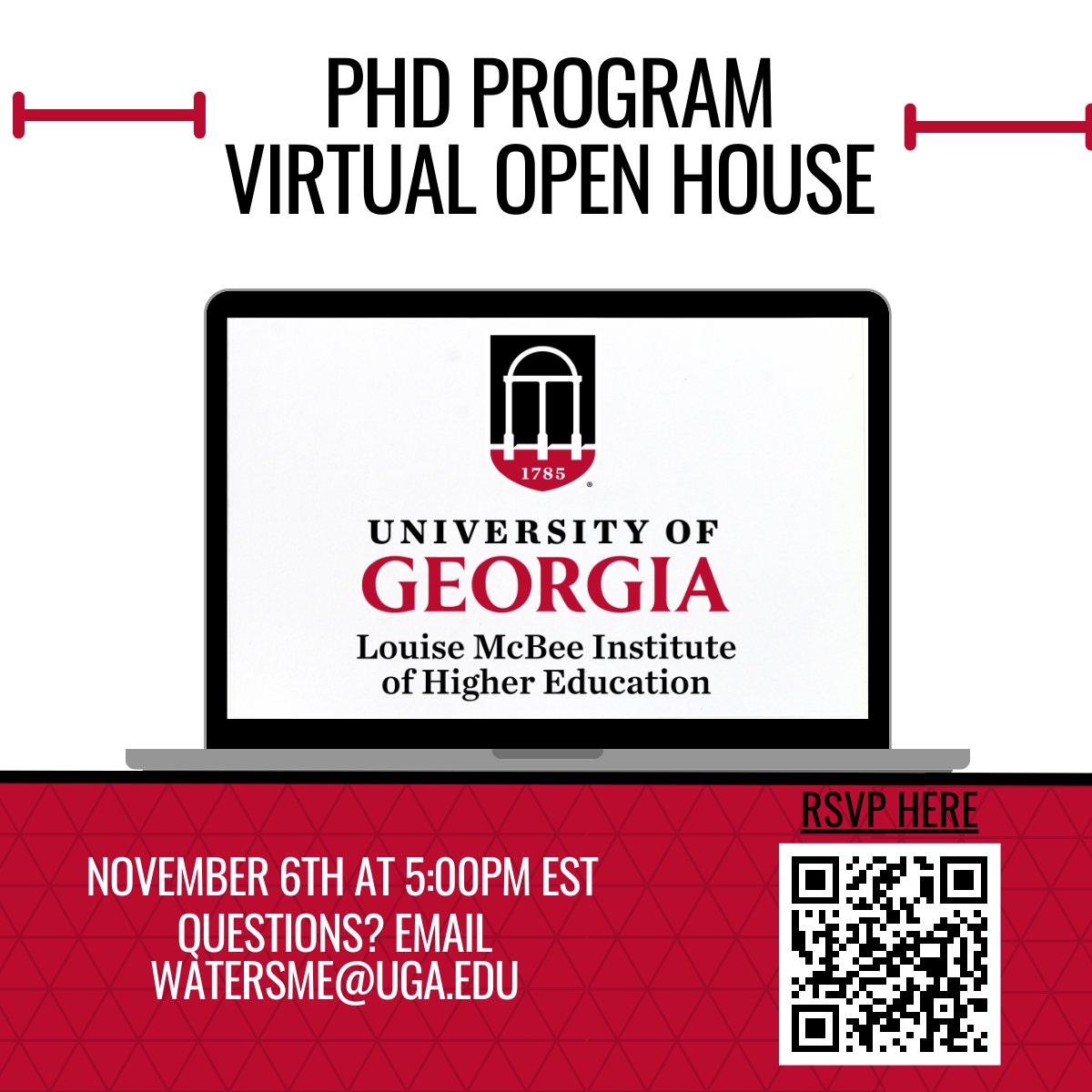 Tonight the McBee Institute is hosting a virtual open house for our PhD program! 

Join at 5:00pmEST to speak with our distinguished faculty, meet current students, and learn more about our highly-regarded program!

RSVP: tinyurl.com/35c2u869

Questions? Email watersme@uga.edu