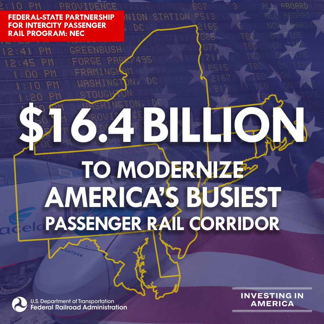 #InvestingInAmerica: Today @POTUS is announcing $16.4 billion in funding for 25 passenger rail projects of national significance on the Northeast Corridor, an unprecedented step to make world-class passenger a reality in America. Full release here: tinyurl.com/2pd8348s