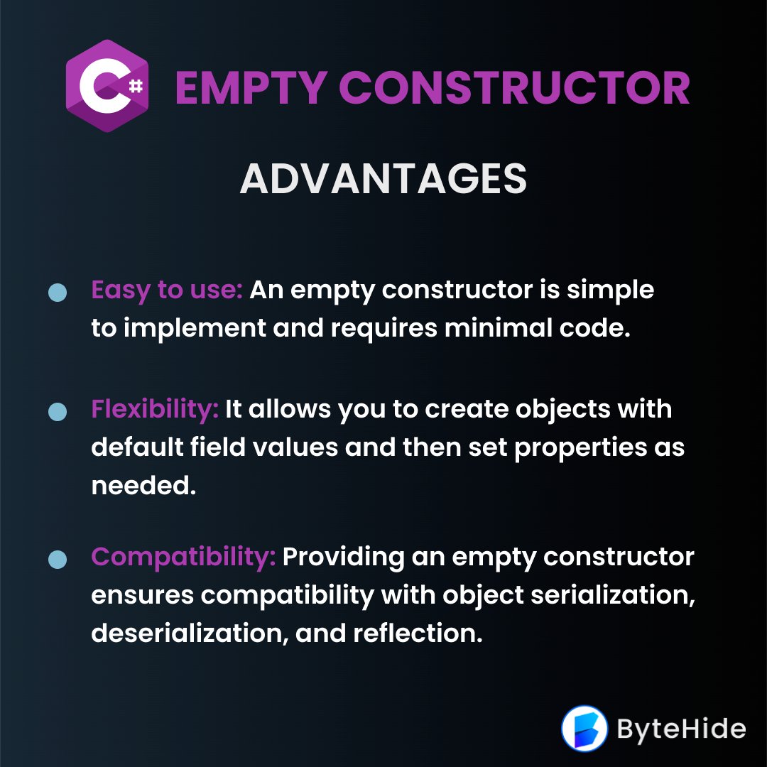 byte_hide's tweet image. 5/7🧵: Empty constructors surely have their brownie points. 💯 They're easy to use, provide flexibility by allowing objects with default field values, and ensure compatibility with the likes of object serialization. We gotta love 'em! 🤟 #CodingTricks