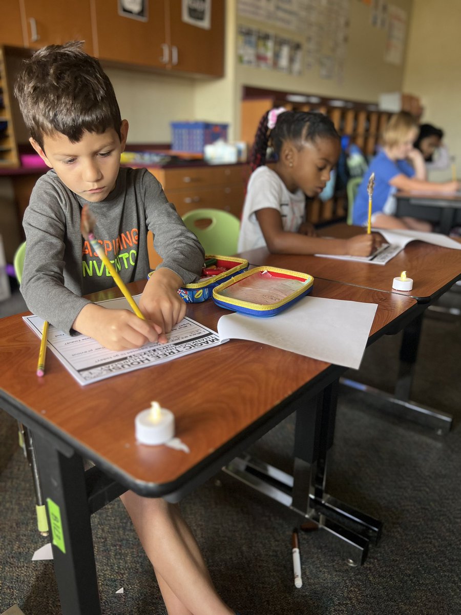 Started our Magic Tree House Thanksgiving on a Thursday book study today! Working by candle light with our quill pens to make it extra fun! 
#mymisd  #learningisfun #2ndgrade <a href="/McClureMarshals/">McClure Marshals</a>