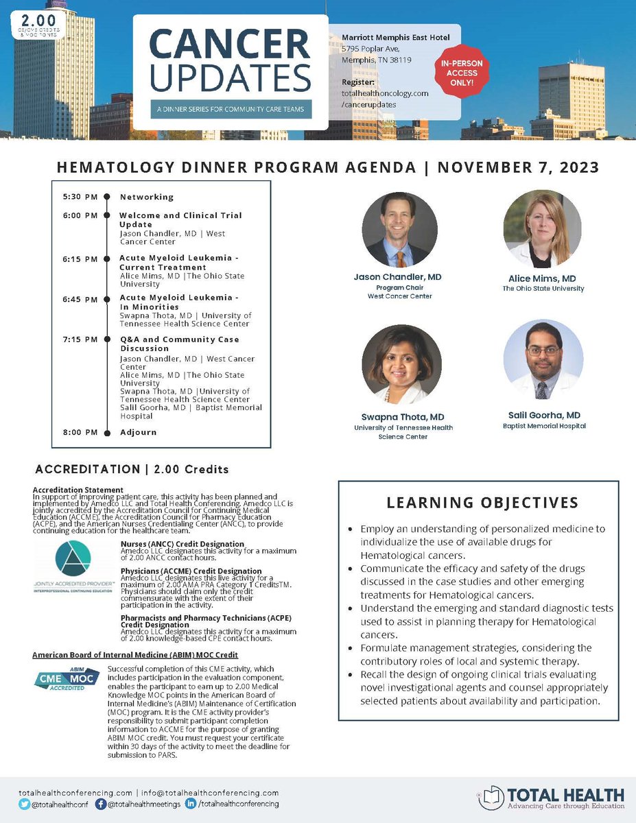 Please join Dr. Thota in learning more about updates in AML, November 7th at Marriott Memphis East Hotel.
Register:
totalhealthoncology.com/cancerupdates