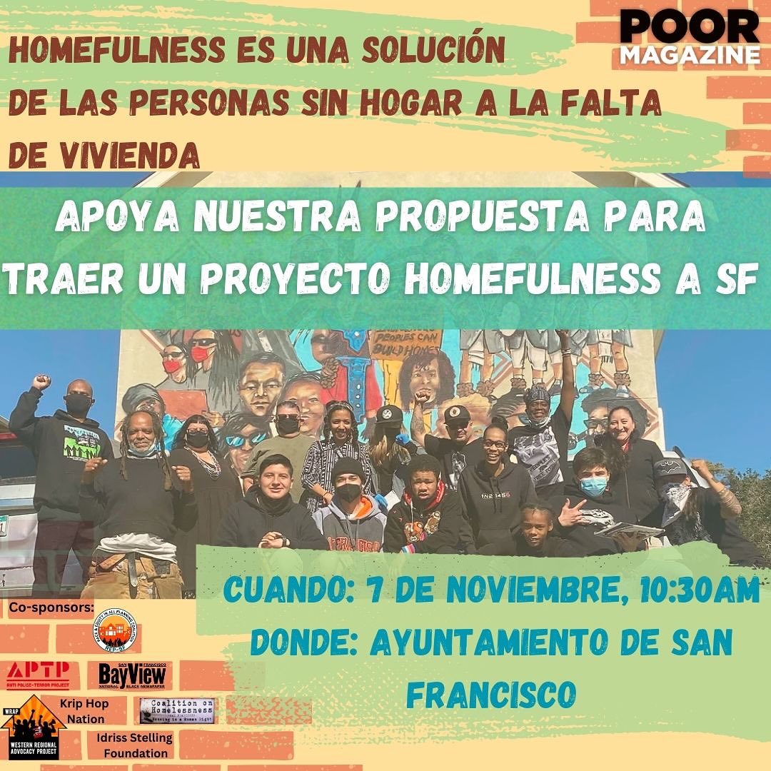 TOMORROW 11/7, 10:30am at SF's City Hall! 

REP-SF will be out and loud in our support for a Homefulness SF, an arts, education, and healing model to house and heal homeless residents.

Every city needs homeless people's solutions to homelessness!

Tell your friends and turn out!