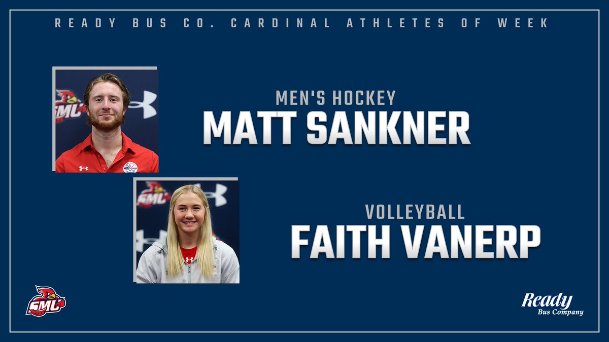 SMUMNAthletics's tweet photo. Congrats to the Ready Bus Co. Cardinal Athletes of the Week: @SMUMHockey's Matt Sankner &amp; @SMUvball's Faith VanErp! Sankner stopped all 24 shots in blanking Hamline 2-0 in SMU's MIAC-opener, while VanErp had 38 assists—including No. 1,000 of the season—and 16 digs in SMU's finale https://t.co/NOzZH1zMxw