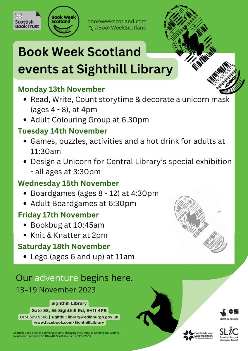 Celebrate #BookWeekScotland with Sighthill Library! Join us for activities next week, there is no need to book. Please note, children aged under 8 need to be accompanied by a parent or carer aged 12+.