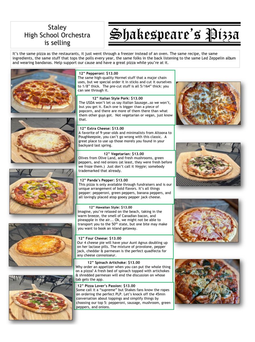Your favorite orchestra students are selling Shakespeare's! Pizzas are made for our order and delivered frozen on 12/4. Let us know if we can send a student your way!