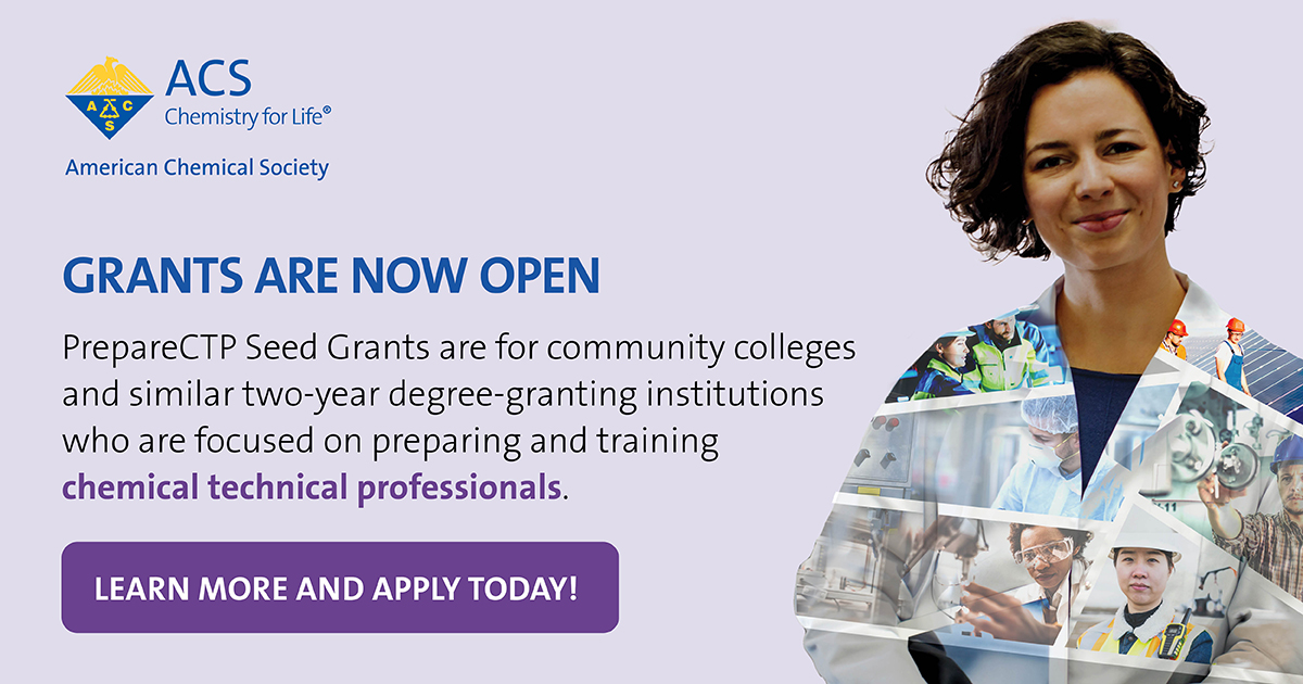 AmerChemSociety's tweet photo. ACS #PrepareCTP Seed Grants are now available for institutions &amp; educators preparing &amp; training chemical technical professionals! Learn more &amp; apply today at https://t.co/siwA7cZOaT #Chemistry #Science #STEM #ChemicalSciences https://t.co/nZhliJdaPw