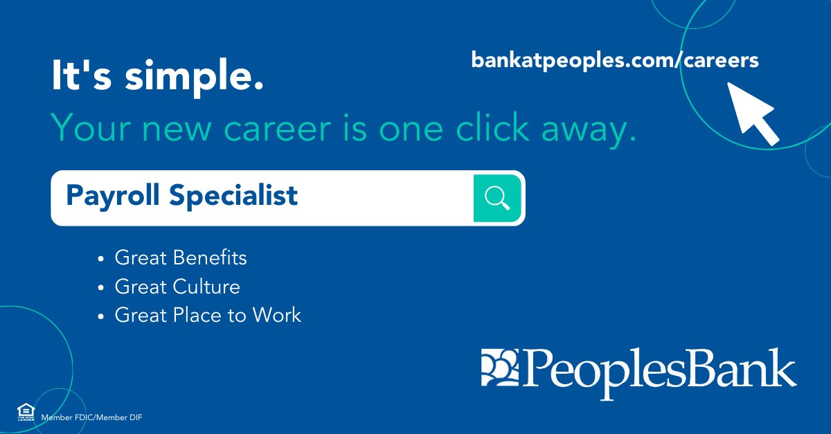 #WeAreHiring for a Payroll Specialist Visit bankatpeoples.com/careers to learn more and apply online. #BankAtPeoples #hiringnow #GreatPlacetoWork #hiring #jobalert #payroll #humanresources #HRJob #PayrollJob #HR #HRIS