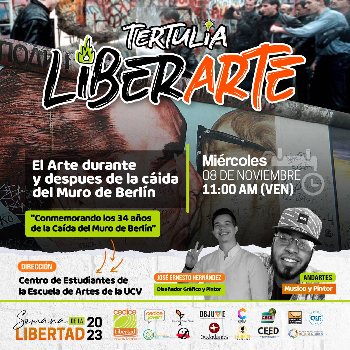 #08Nov Participaré en la conmemoración de los 34 años de la caída del Muro de Berlín, a las 11am en el Centro de Estudiantes de la Escuela de Artes de la UCV. 
con la presencia de <a href="/J_Ernestove/">José Ernesto Hernández</a> Pintor y diseñador
Sé parte de este espacio para LIBERARTE!