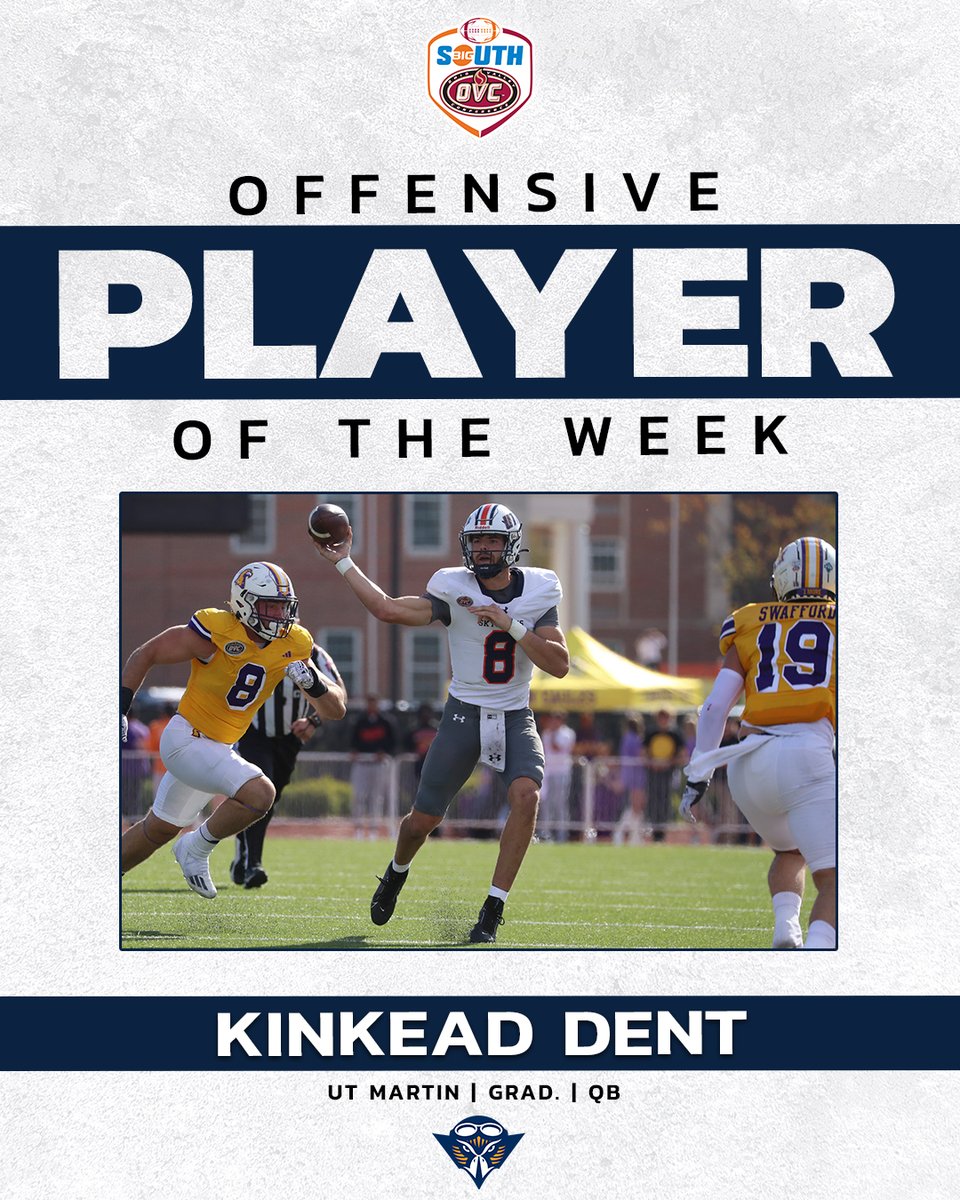 OVC-Big South Football Association (@bigsouthovcfb) on Twitter photo He passed for 318 yards and 5⃣ TD as UT Martin stormed back to top Tennessee Tech 44-41 in OT!
<a href="/UTM_FOOTBALL/">UT Martin Football</a>'s <a href="/kinkeaddent_1/">Kinkead Dent</a> is the #BigSouthOVCFB Offensive Player of the Week! He passed for 318 yards and 5⃣ TD as UT Martin stormed back to top Tennessee Tech 44-41 in OT!
<a href="/UTM_FOOTBALL/">UT Martin Football</a>'s <a href="/kinkeaddent_1/">Kinkead Dent</a> is the #BigSouthOVCFB Offensive Player of the Week!