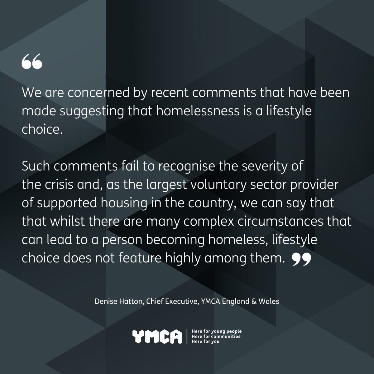 YMCAEng_Wales's tweet image. Homelessness is not a lifestyle choice.

“By addressing the systemic issues and not placing blame on the marginalised, we can build a more equitable and empathetic society for all.”

Denise Hatton, Chief Executive, YMCA England &amp;amp; Wales