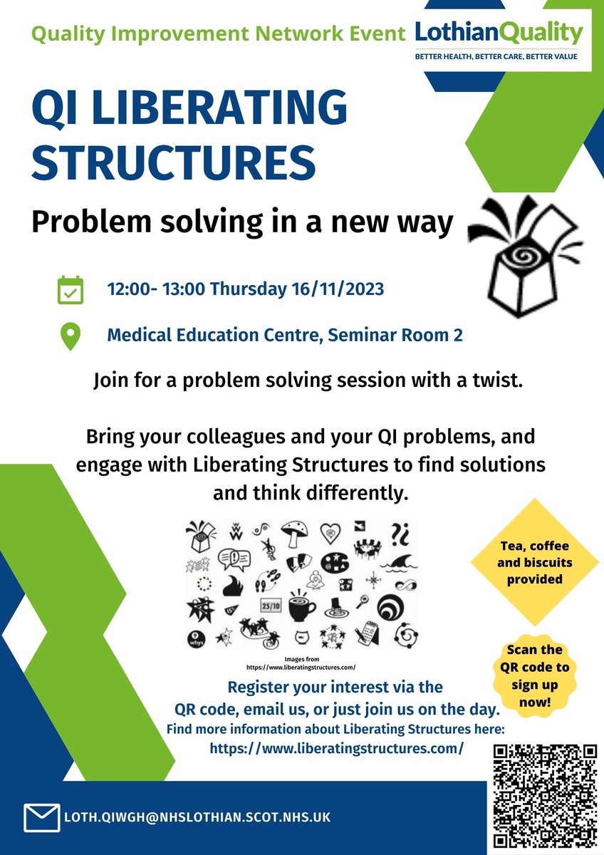 NHS Lothian WGH Quality Improvement (@wghlothianqi) on Twitter photo Do you work for <a href="/WghLothian/">WGH Connect</a> & keen to collaborate in new ways, whilst thinking outside of the box? Join us over lunch on 16th Nov for our Liberating Structures event, where we'll try these out together with peers: exploring your #QI problems with fresh eyes🤩👀#MondayMotivation Do you work for <a href="/WghLothian/">WGH Connect</a> & keen to collaborate in new ways, whilst thinking outside of the box? Join us over lunch on 16th Nov for our Liberating Structures event, where we'll try these out together with peers: exploring your #QI problems with fresh eyes🤩👀#MondayMotivation