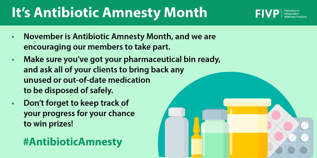 This is the second year of #AntibioticAmnesty month, which is all about protecting the efficacy of antibiotics.

Please talk to your clients about why it is so important, and ask them to return unused or outdated antibiotics.