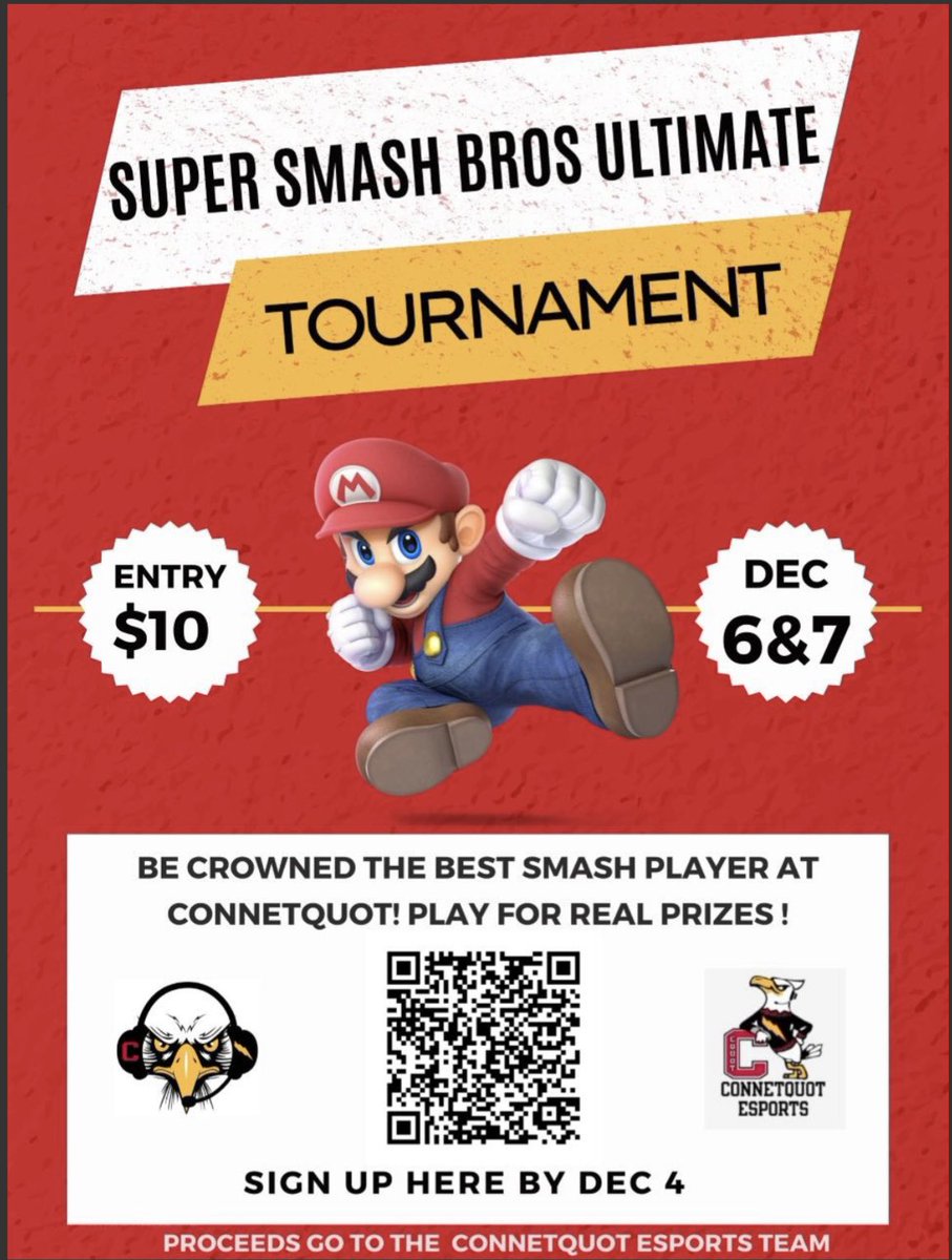 Lauren Neckin (@ap_chs_) on Twitter photo 🎮🥊 Don't miss the Super Smash Bros Ultimate Tournament on December 6 & 7! Join the fun for a chance to win and support Connetquot Esports Team. Sign up with the QR code. Let's smash for a great cause! 💥🕹️ #EsportsTournament <a href="/ConnetquotCSD/">Connetquot CSD</a> <a href="/RCassagneCQuot/">Rob Cassagne</a> <a href="/CHSPrincipal_/">Michael A. Moran</a> 🎮🥊 Don't miss the Super Smash Bros Ultimate Tournament on December 6 & 7! Join the fun for a chance to win and support Connetquot Esports Team. Sign up with the QR code. Let's smash for a great cause! 💥🕹️ #EsportsTournament <a href="/ConnetquotCSD/">Connetquot CSD</a> <a href="/RCassagneCQuot/">Rob Cassagne</a> <a href="/CHSPrincipal_/">Michael A. Moran</a>
