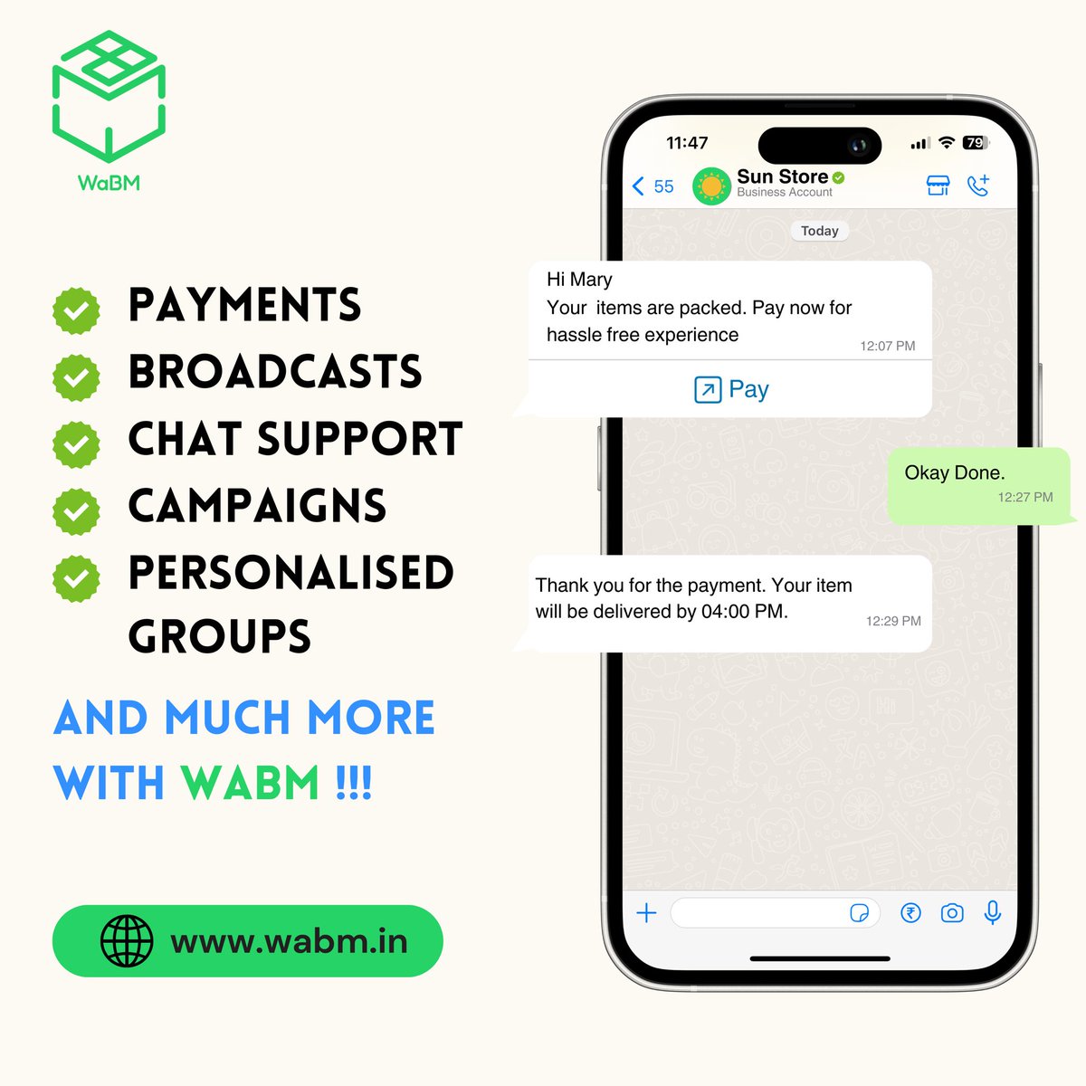 🚀😎 Manage your store like a pro 😎🚀

Be it Payments, Broadcasts or Campaigns manage everything at you fingertips with WABM.

Contact us today to revolutionise your business. 🌐

#storemanagement #whatsappmarketing #whatsappbusinessapi #payments #security #Wabm