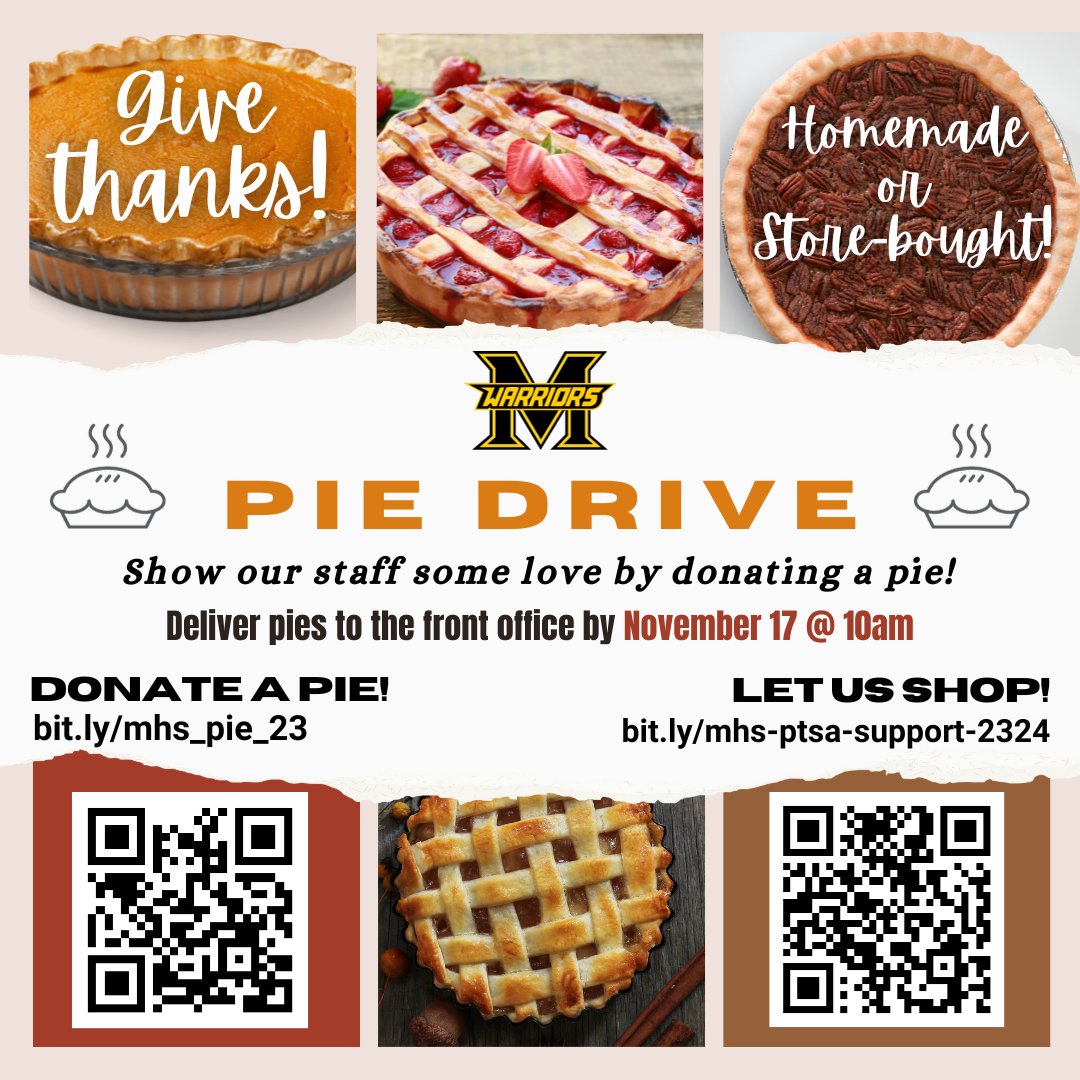 It's NOVEMBER, so time to GIVE THANKS! Thank our Memorial staff by sending them off on Fall break with PIE!! Pies should be delivered Nov 13-17. Can't bake/shop? Donate, and we'll shop for you!
Donate pies: bit.ly/mhs_pie_23
Donate funds: bit.ly/mhs-ptsa-suppo…