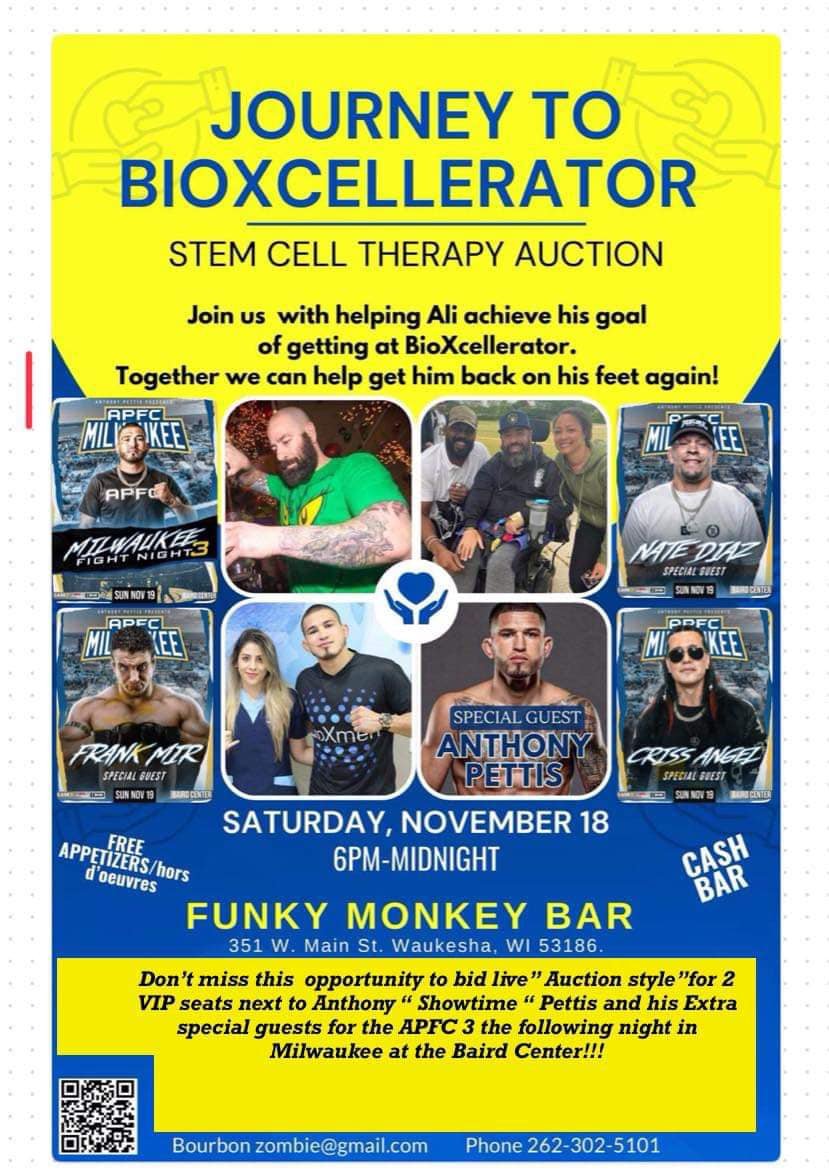 BrewCityGamer's tweet photo. Help spread the word for my cousin, Ali! Tickets to win an exclusive VIP experience w/
@Showtimepettis
&amp; MORE!😮Read this thread for details &amp; his story! Share this post 📷! #Fundraising #Wisconsin #StemCell #GoFundMe #AnthonyPettis @elonmusk https://t.co/OTaGZsib3U