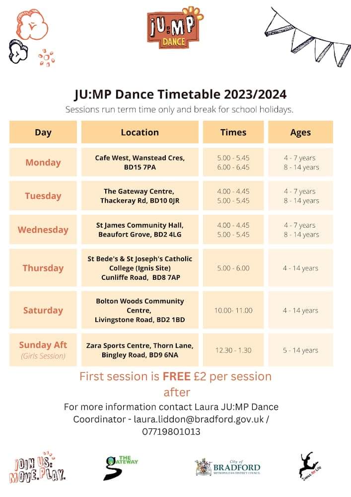 Check out our weekly session timetable across Bradford 💕 Your first dance session is free and only £2 per session afterwards! We’re currently working towards our Christmas sharing and we’re super excited to showcase what the young people have been up to ⭐️