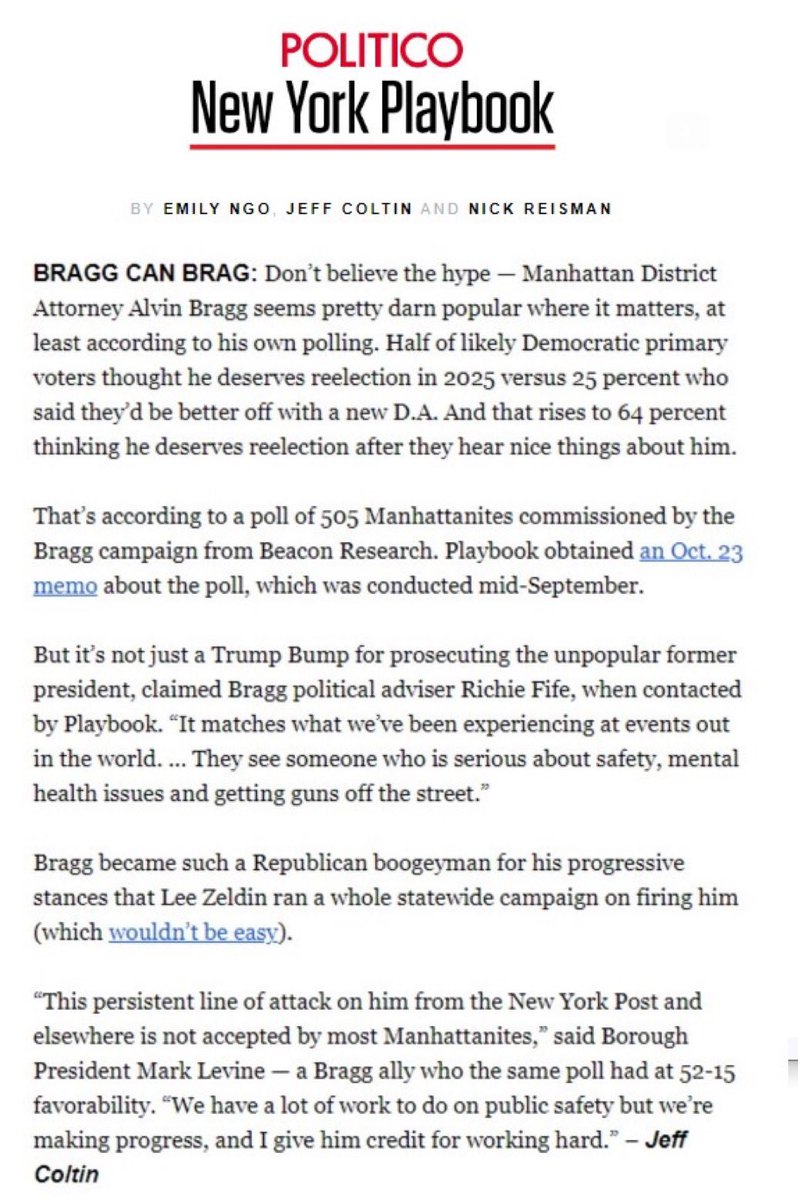 Your latest reminder that Xitter is not real life: Manhattan Dems favor re-electing @AlvinBraggNYC as DA by 2-to-1 margin. politico.com/newsletters/ne…