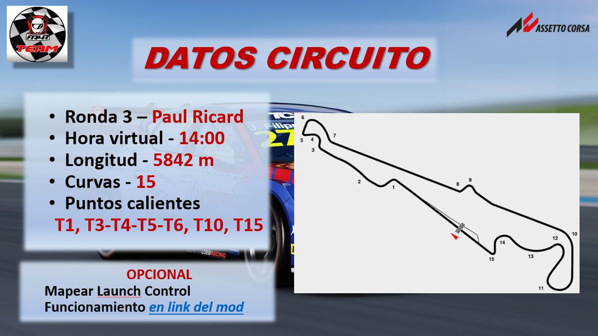 Vamos a por otra ronda de la Cupra Cup en Assetto Corsa.

4⃣🇫🇷 Lunes 06/11/23, cuarta carrera desde el circuito francés de Paul Ricard.

⏰👇
- 21:50 Briefing
- 22:00 Clasificación
- 22:15 Carrera