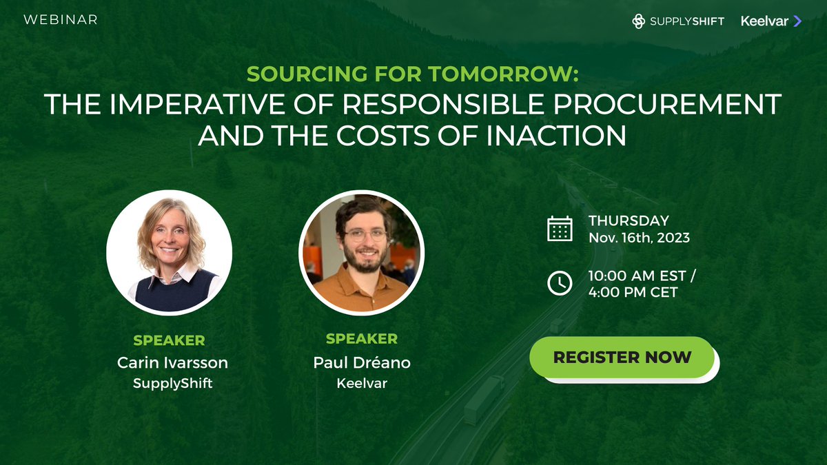 Is your procurement strategy future-ready? Join our webinar to explore #responsiblesourcing with @SupplyShift & @Keelvar. We'll cover: ✅ Regulatory expectations ✅ Initiating sustainability efforts ✅ Engaging suppliers to lower ESG risks Register now! bit.ly/3FM1Uyx