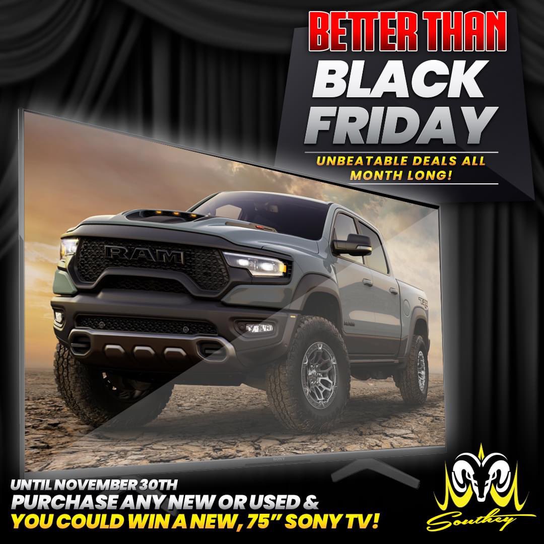 SoutheyMainline's tweet photo. Purchase any new or King's #BestInMarket Pre-Owned this month &amp; be entered to win a brand new, MASSIVE, 75" Sony TV! Black Friday is stupid, get #unbeatabledeals ALL MONTH LONG! Call 1 (306) 726-2060 or https://t.co/SJt6D0S9Np today! #SoutheyKingOfTrucks #ALWAYSWorthTheDrive https://t.co/7RTZNkrwOO