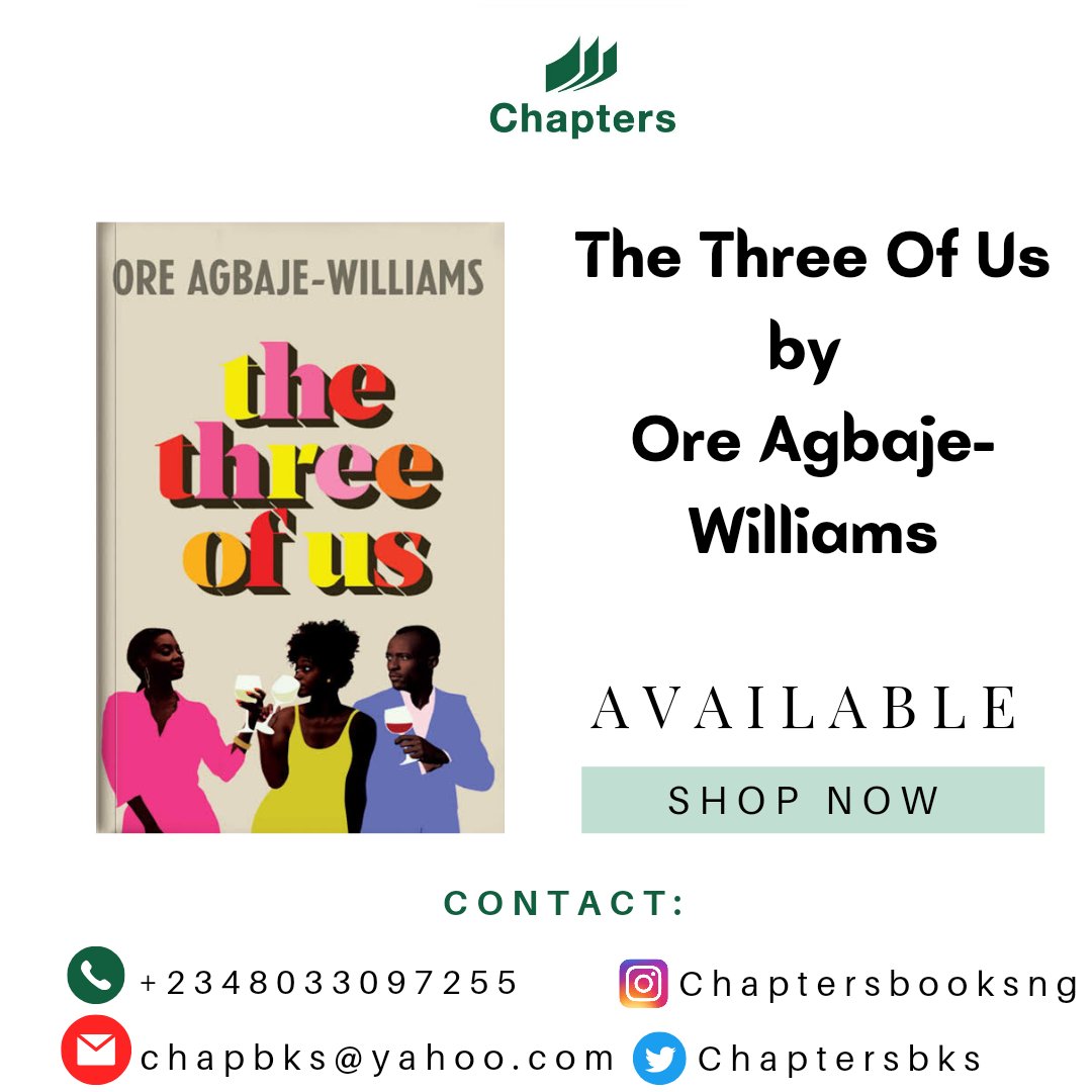Chaptersbks's tweet photo. TITLE :The three of us 

AUTHOR :Ore Agbaje Williams 

Price:NGN6000

Overview:
-Set over a single day, husband, wife and best friend, Temi toe the lines of compromise and betrayal. A startling discovery throws everyone's integrity into question.#bookstoreinigeria #bookstoreinph https://t.co/ZJD0svTr14