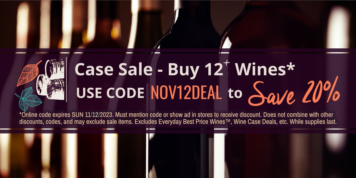 🍷✨ Hey #WineLovers Mix &amp; match your fav wines to build the perfect case. Use code NOV12DEAL for 20% off 12+ bottles (or mention code when you visit our stores). Exclusions apply. Prep for #Thanksgiving with the perfect pour!  Ends 11/12. Shop Wine Now: tinyurl.com/3fnfvdxm