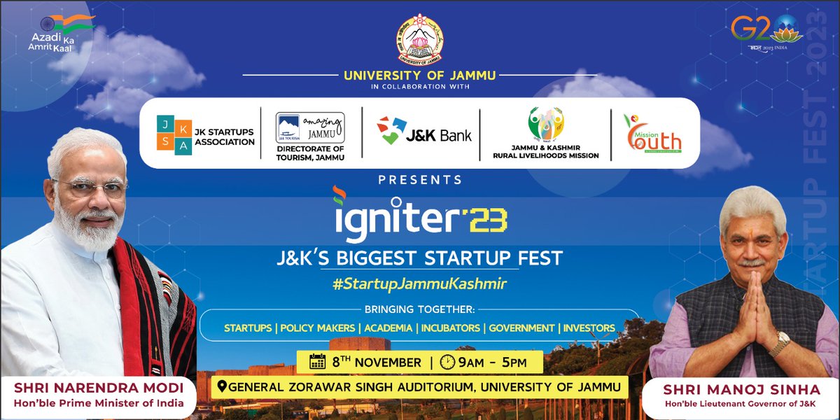 Join us at 'Igniter 23' - #StartupJammuKashmir, J&K's most prestigious startup fest at General Zorawar Singh Auditorium, University of Jammu on Nov 8th, 9 AM - 5 PM,where Government, academia,startups and visionaries unite to ignite J&K's future, empowering young minds.
