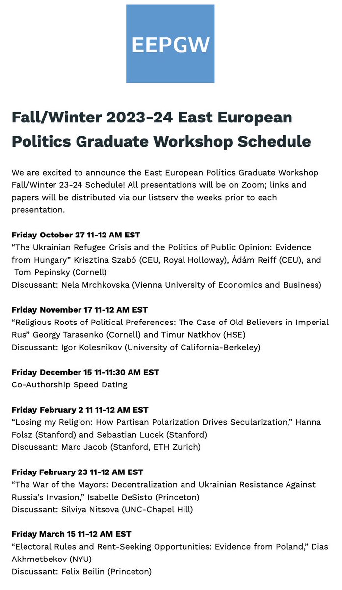 🎇We’re excited to share our East European Politics Graduate Workshop Fall-Winter 23/24 series! All talks on Fridays at 8-9am PST/11am-12noon EST/5-6pm CET. Join our mailing list for papers + links: eepg-workshop.github.io

A 🧵 below featuring details for each session: