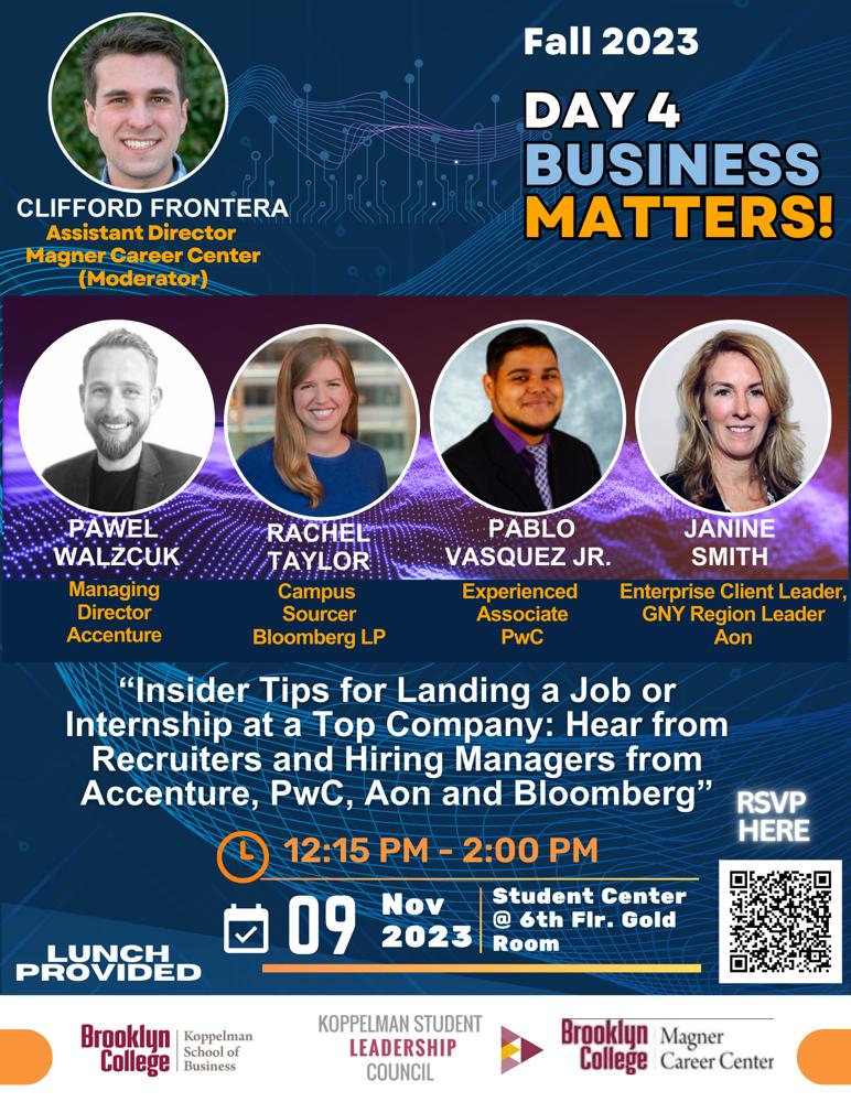 qinghu's tweet photo. The 2023 Business Matters! Conference continues this week with two exhilarating sessions scheduled on Nov. 7 and Nov. 9, see the attached flyers for details. RSVP is required, please use the QR code on the flyer to register. @BklynCollege411 https://t.co/7a7v1ewEFk
