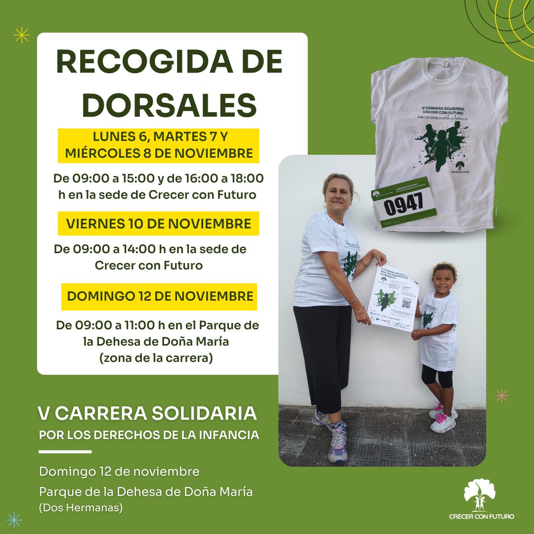 Estamos en la recta final de nuestra V #CarreraSolidaria por los Derechos de la #Infancia y hoy comenzamos con la entrega de dorsales🎽.

Elige cuándo y dónde te viene mejor, ¡en #CrecerConFuturo te estaremos esperando con los brazos abiertos💚!
crecerconfuturo.org/carrera-solida…
