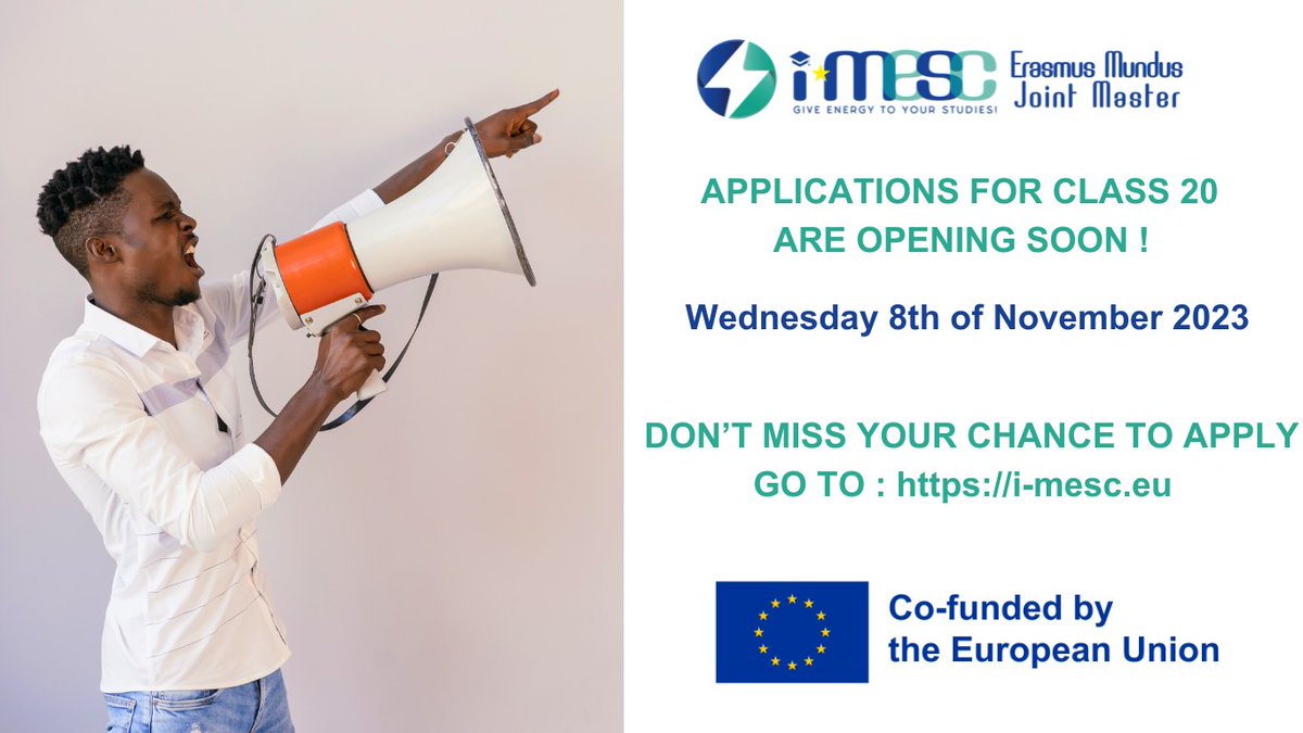 🛎 The applications for i-MESC Erasmus Mundus Joint Master for Class #20 will open on Wednesday 8, November 2023 ! Go to our website 👉 i-mesc.eu @Prof_AA_Franco @C_MASQUELIER @EnergyRS2E @AlistoreE @CasasCabanas @JennyChemy @gogotsi1 @RobertDominko