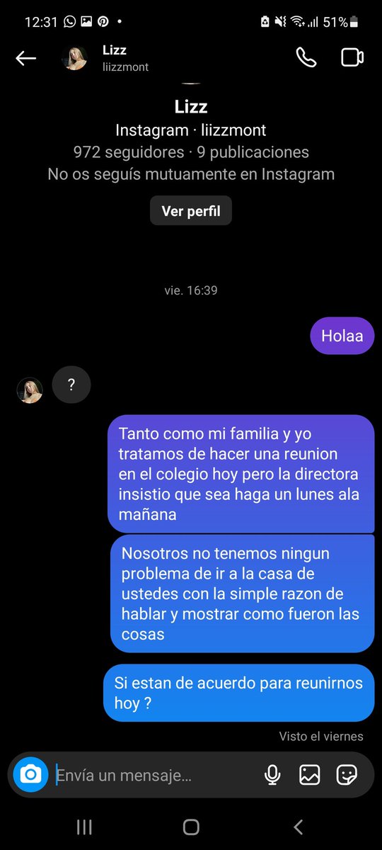 Hola buen dia hoy fuimos ah reunion con la directora hilda lamentablemente el colegio no puede hacer nada por la publicaciones porque no es del colegio con mi familia y yo tratamos de comunicarnos con la familia montoya segun ellos no quieren tener comunicacion con nosotros