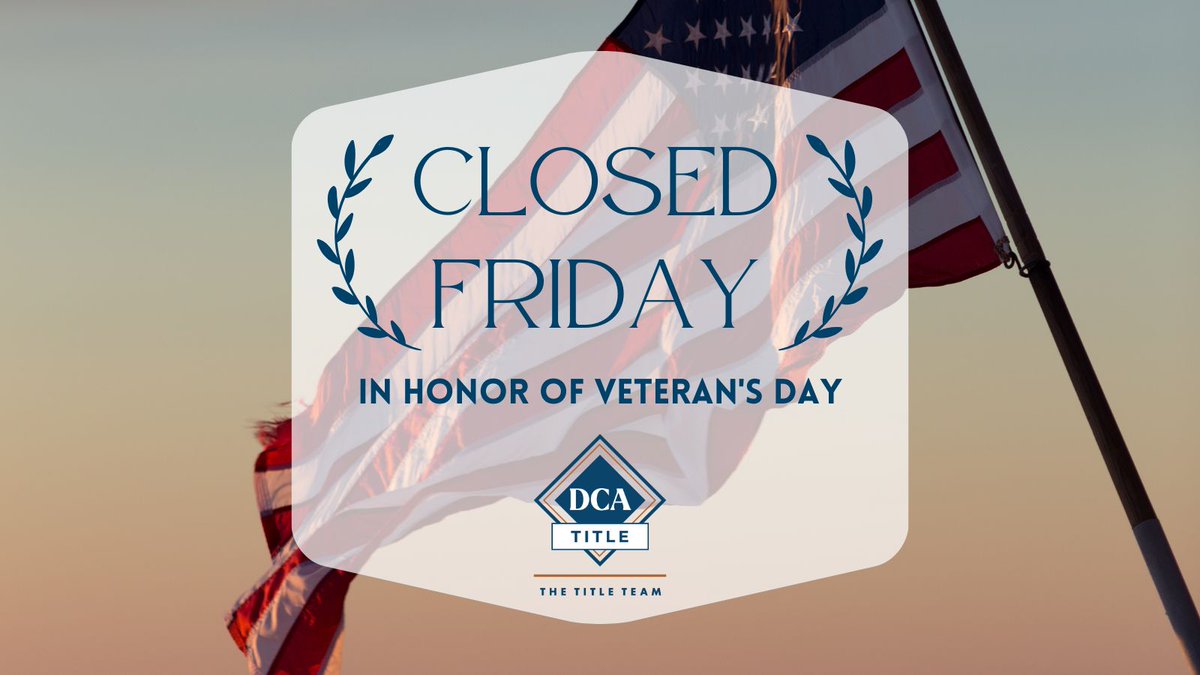 In honor of Veterans Day, DCA Title will be closed this Friday Nov. 10th, to pay our respects to those who have served our country. 🇺🇸Your service is the cornerstone of our freedom and we are honored to stand by your side. 
Regular business hours will resume on Monday.