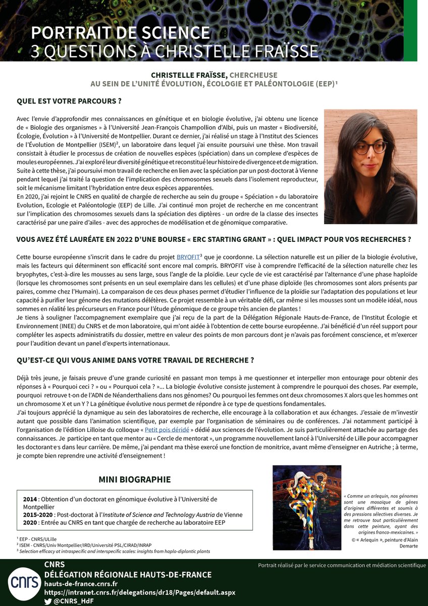 CNRS_HdF's tweet photo. #PortraitDeScience 👩🔬 | Dans ce nouveau Portrait de Science, partez à la rencontre de Christelle Fraïsse, Chercheuse à @Evo_Eco_Paleo et lauréate d'une bourse @ERC_Research #StartingGrant en 2022 🇪🇺
➡️ https://t.co/peDKS41AIK https://t.co/EXdqBDHh3C