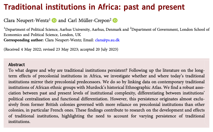 PSRMJournal's tweet photo. 🏛️To what degree and why are traditional institutions persistent?

▶️@Clara_NW &amp; @c_muellercrepon show that traditional institutions have been, on average, persistent over the past century, especially in former British colonies https://t.co/ecn46PEPHZ #FirstView https://t.co/9Ef16dlOAQ