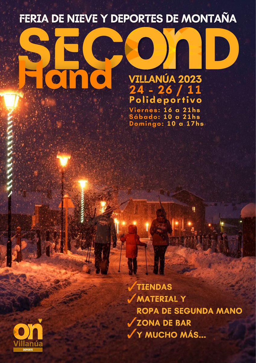 Ya estamos trabajando en la nueva edición de #SECONDHAND, la Feria de Nieve y Deporte de Montaña de #Villanúa.

📆 24-26 de Noviembre
📍Polideportivo de Villanúa
￼
Recogida de material de segunda mano para su venta: 17,18,20,21,22 y 23 de noviembre de 16:00 a 21:00.