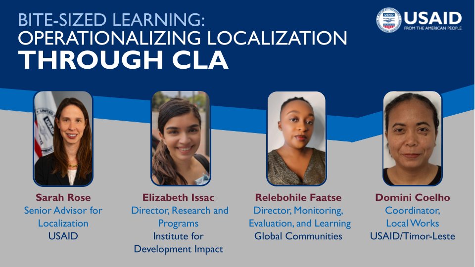Join tomorrow’s #BiteSizedLearning session: Operationalizing Localization Through CLA 💡

Expert panelists will speak about their experiences using #CLA to make development #LocallyLed!

11/7/23 | 7AM EDT: bit.ly/BSL-S1