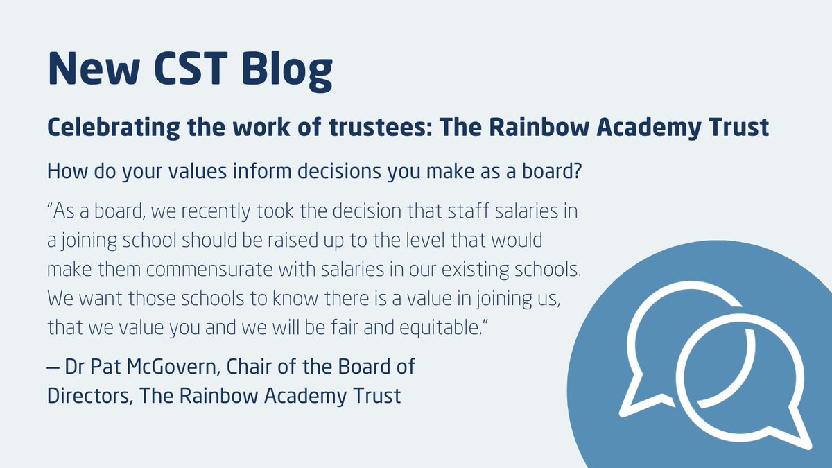 As part of #TrusteesWeek, hear from Dr Pat McGovern from The Rainbow Multi Academy Trust on the work the trust is doing, and how it implements the principles of the Academy Trust Governance Code: cstuk.org.uk/news-publicati… 

<a href="/TrusteesWeek/">Trustees' Week</a>