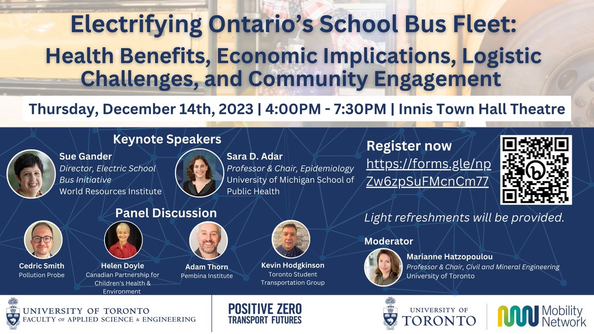 Registration is now open for Electrifying Ontario’s School Bus Fleet!

Join us on December 14th at the University of Toronto for an engaging event featuring speakers from academia, industry &amp; government. 

Register now: tinyurl.com/tzu7uc6u
More info: uoft.me/9S8