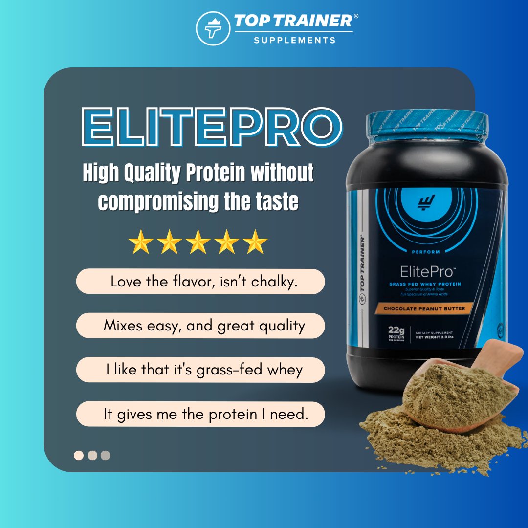 High-quality protein without compromising the taste, available in Birthday Cake, Vanilla Bean, Chocolate Milkshake, and Chocolate Peanut Butter flavors. #toptrainer #fitness #supplements #wheyprotein #grassfedwhey #elitepro