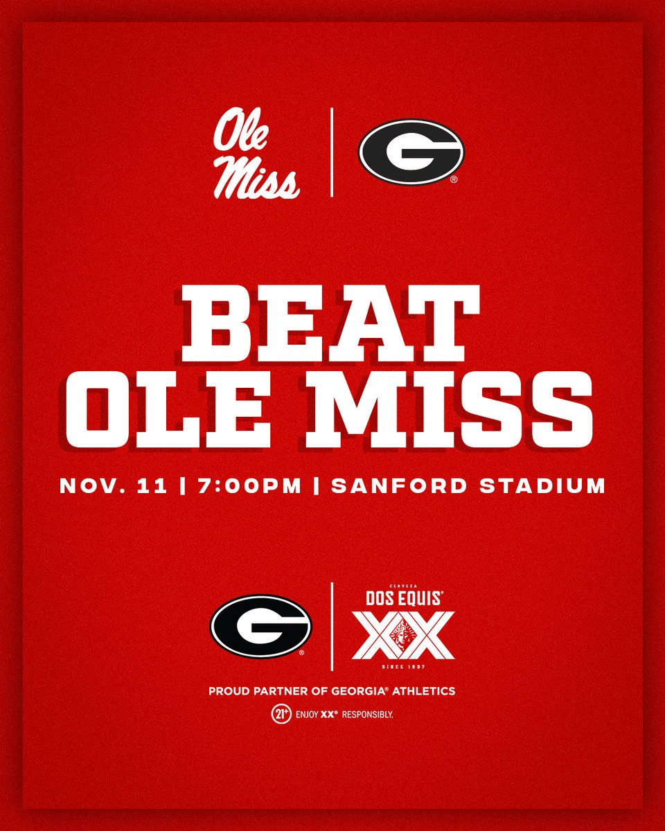 🚨 Last home game is under the lights! 🚨

🆚: Ole Miss
📅: Nov. 11
⏰: 7pm
📺: ESPN

#GoDawgs | <a href="/DosEquis/">Dos Equis</a>