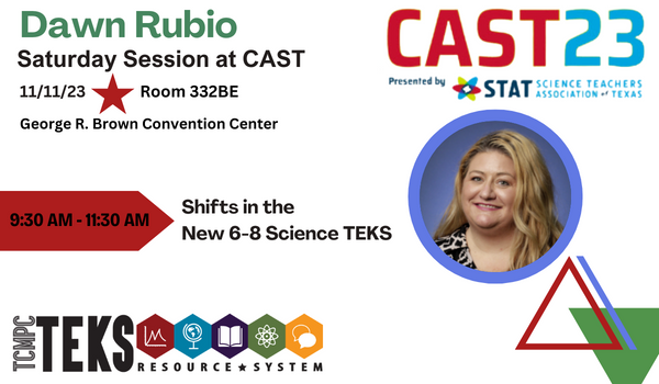 What has changed for middle school in the Revised Science TEKS? A LOT! Are there BIG changes, or are there nuances that are easy to overlook? YES and YES! Join us to prepare for upcoming major shifts for Grades 6–8 being implemented just one year from now.

#STATCAST23
#TEKS_RS