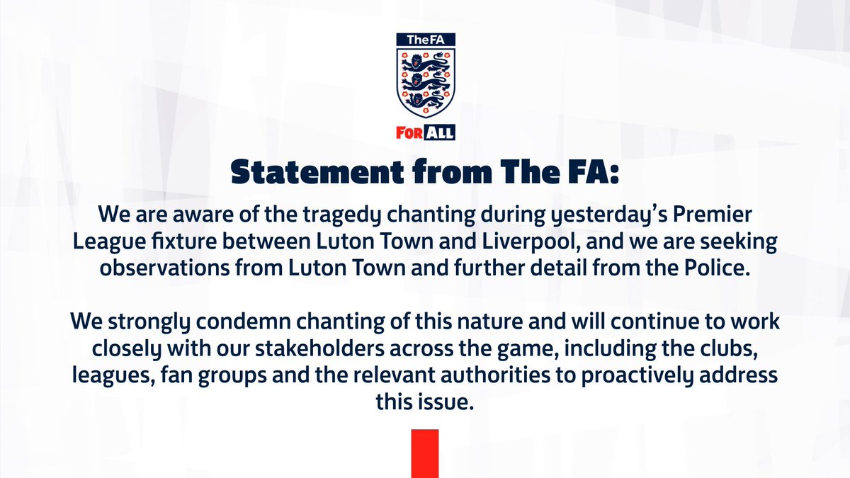 TheAnfieldTalk's tweet image. 🚨 | BREAKING: 

The FA have released a statement regarding the tragedy chanting heard at Kenilworth Road yesterday. 

The FA have been in contact with the police.