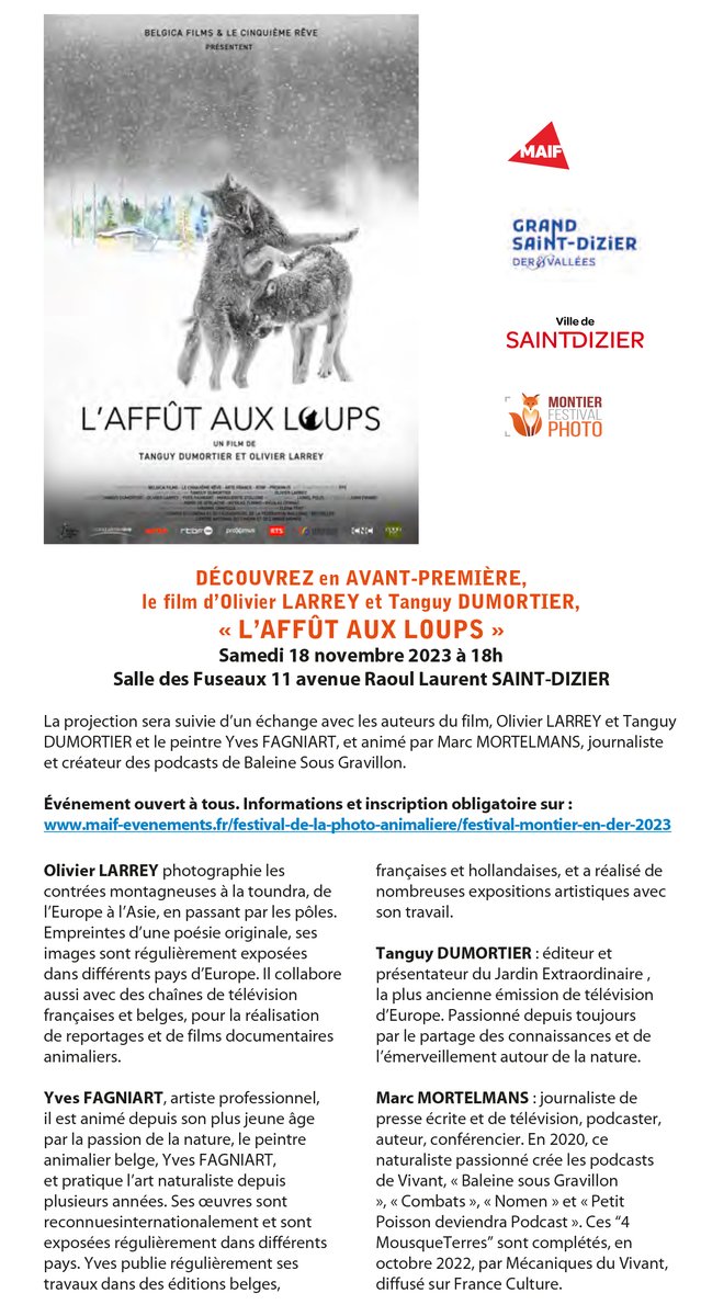 FestivalPhotoMontier (@festivalmontier) on Twitter photo RDV le 18/11 à 18h <a href="/LesFuseaux/">Les Fuseaux</a> pour l'avant-première du film « L’affût aux loups » d'Olivier Larrey & <a href="/TanguyDumortier/">Tanguy Dumortier</a>, en partenariat avec la <a href="/MAIF/">MAIF</a>, l'Agglomération Grand Saint-Dizier Der et Vallées et la Ville de <a href="/SaintDizierFR/">Saint-Dizier</a>
Info et inscription👉🏻photo-montier.org/fiche-exposant… RDV le 18/11 à 18h <a href="/LesFuseaux/">Les Fuseaux</a> pour l'avant-première du film « L’affût aux loups » d'Olivier Larrey & <a href="/TanguyDumortier/">Tanguy Dumortier</a>, en partenariat avec la <a href="/MAIF/">MAIF</a>, l'Agglomération Grand Saint-Dizier Der et Vallées et la Ville de <a href="/SaintDizierFR/">Saint-Dizier</a>
Info et inscription👉🏻photo-montier.org/fiche-exposant…