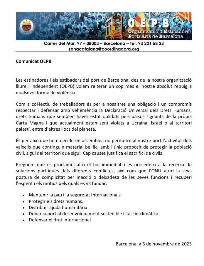 EurekaNews10's tweet photo. ÚLTIMA HORA 

Los estibadores de Barcelona deciden en asamblea no asistir a ningún barco que contenga material bélico para ser enviado a Ucrania o Israel

Grandes.💪 https://t.co/KMXjtBgunl